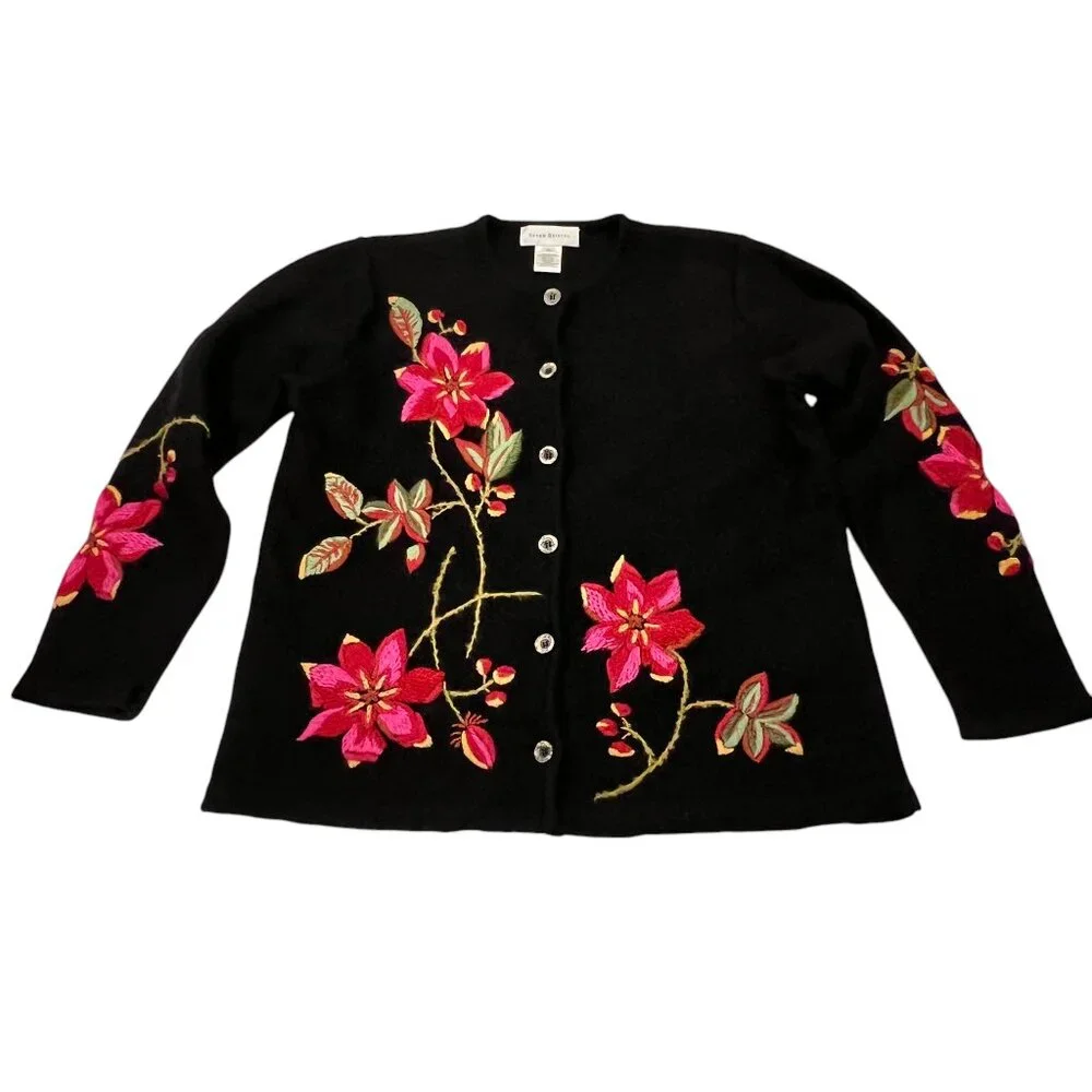Susan Bristol Vtg Floral Button Cardigan, Black Wool, XL